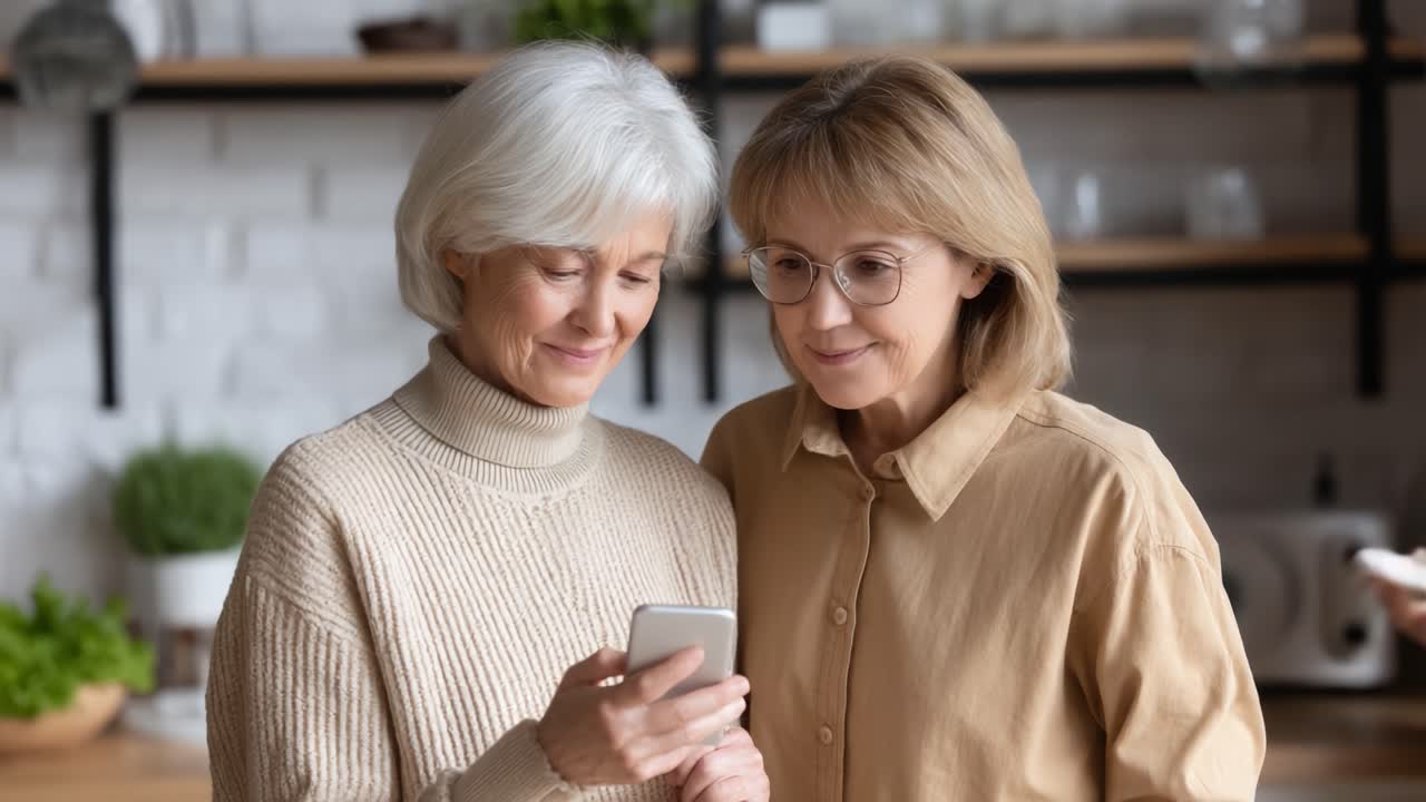 Due amici condividono un momento di gioia mentre guardano insieme uno smartphone in una moderna e accogliente cucina, piena di luce naturale e vegetazione