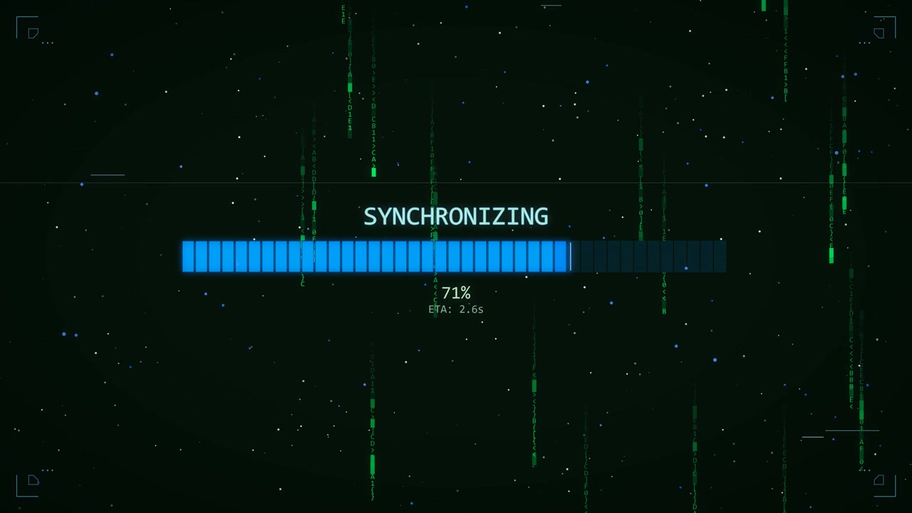 A visual display shows a synchronization process at 55 percent completion. Green lines interact with bars representing data loading in a digital setting