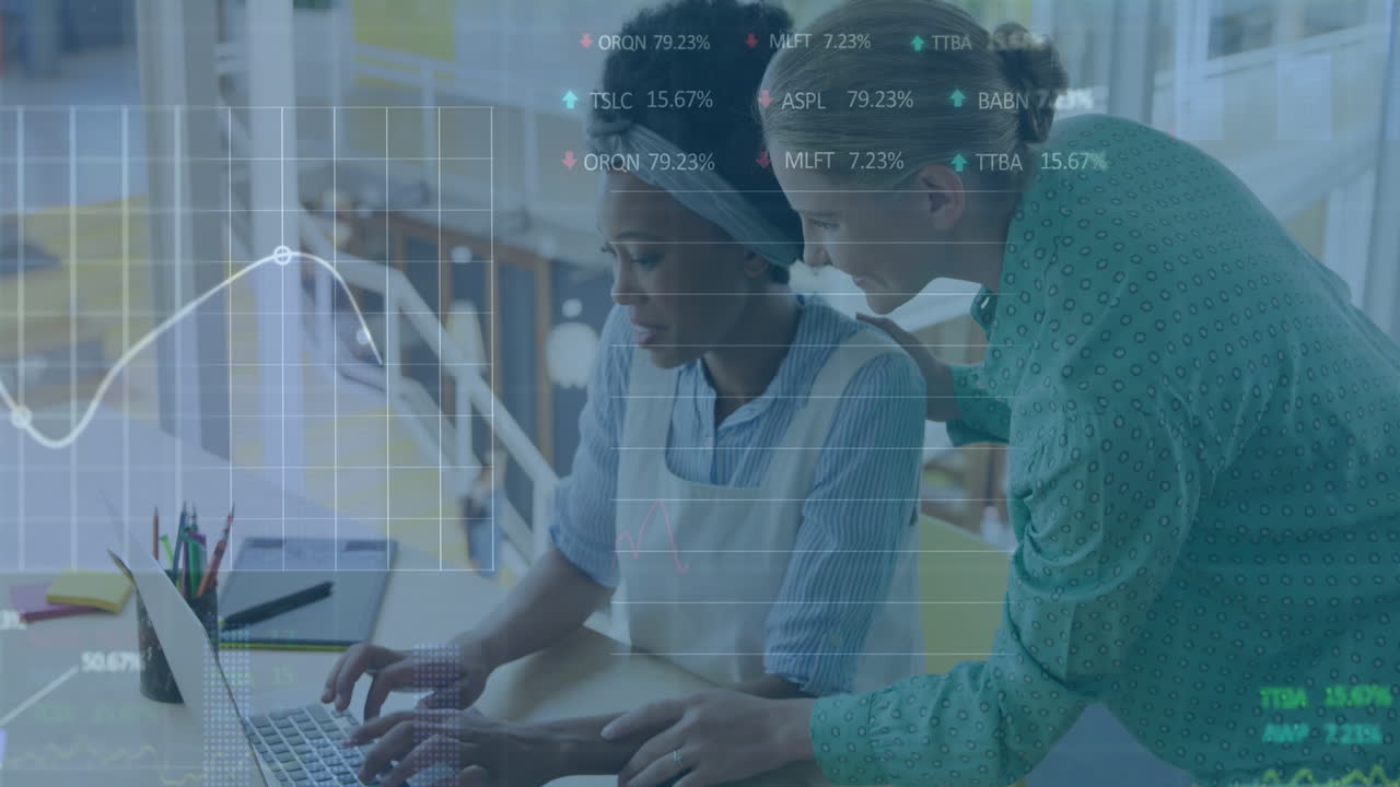 Animation of financial data processing over diverse business people in office