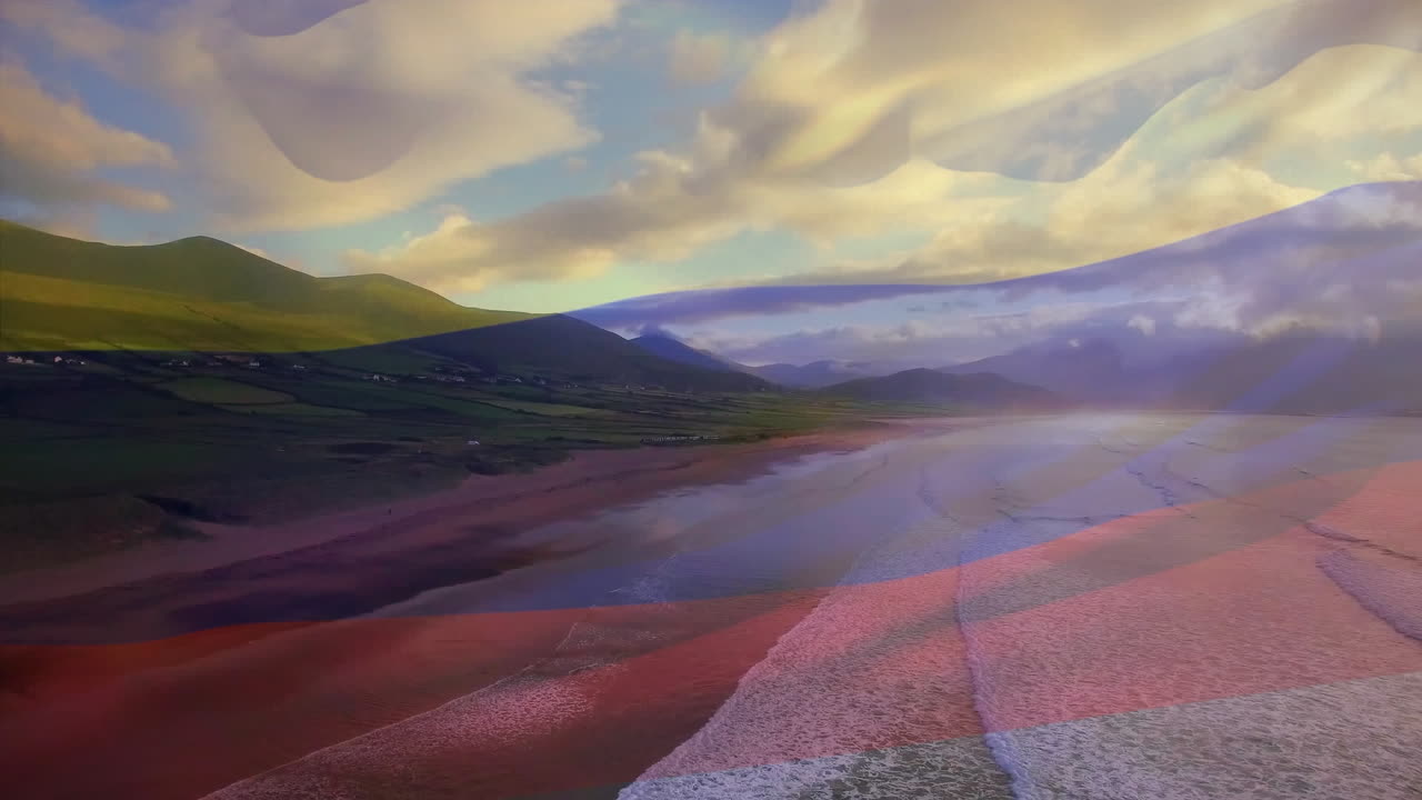 анимация колумбийского флага, развевающегося над солнечным побережьем