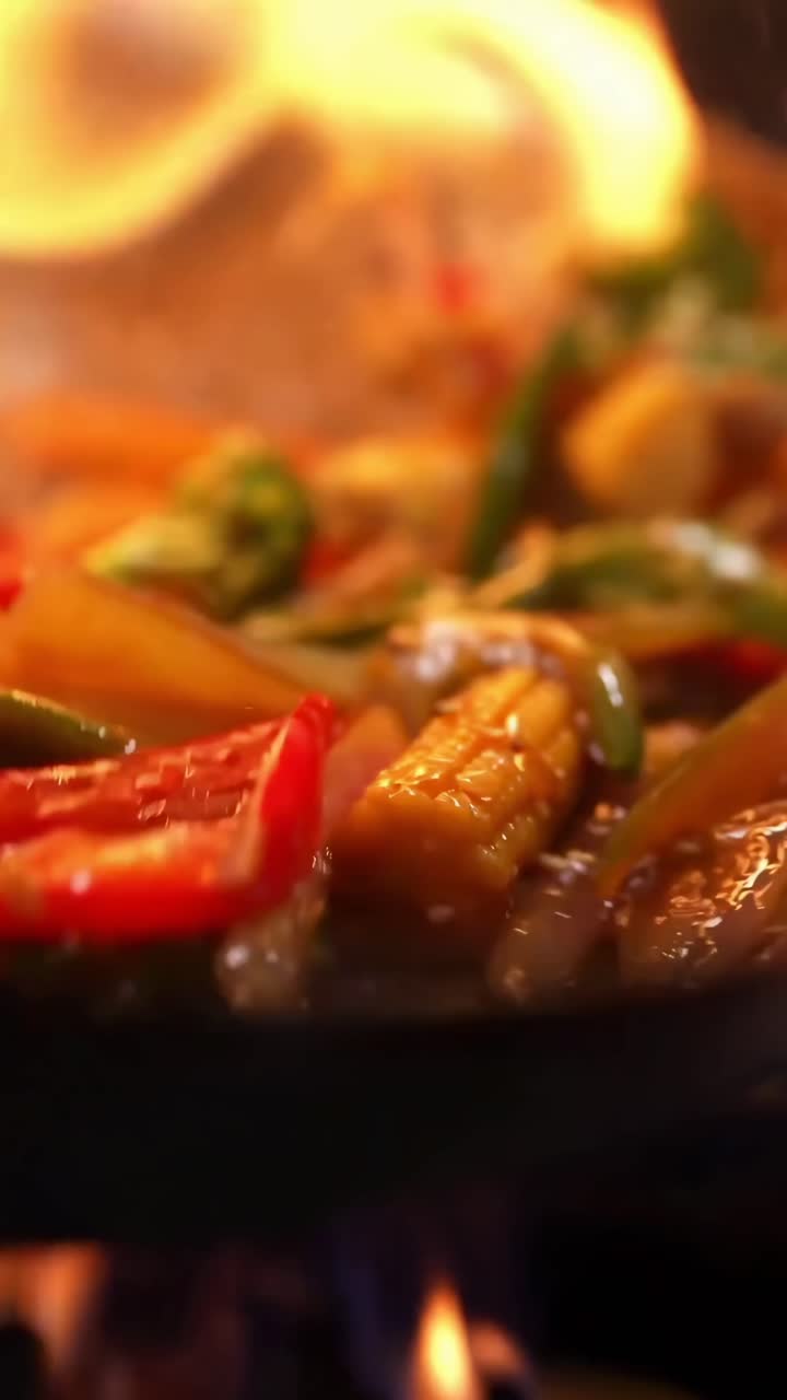Video ravvicinato di verdure vivaci che sfrigolano in un wok fiammeggiante, ripreso da un'angolazione dinamica