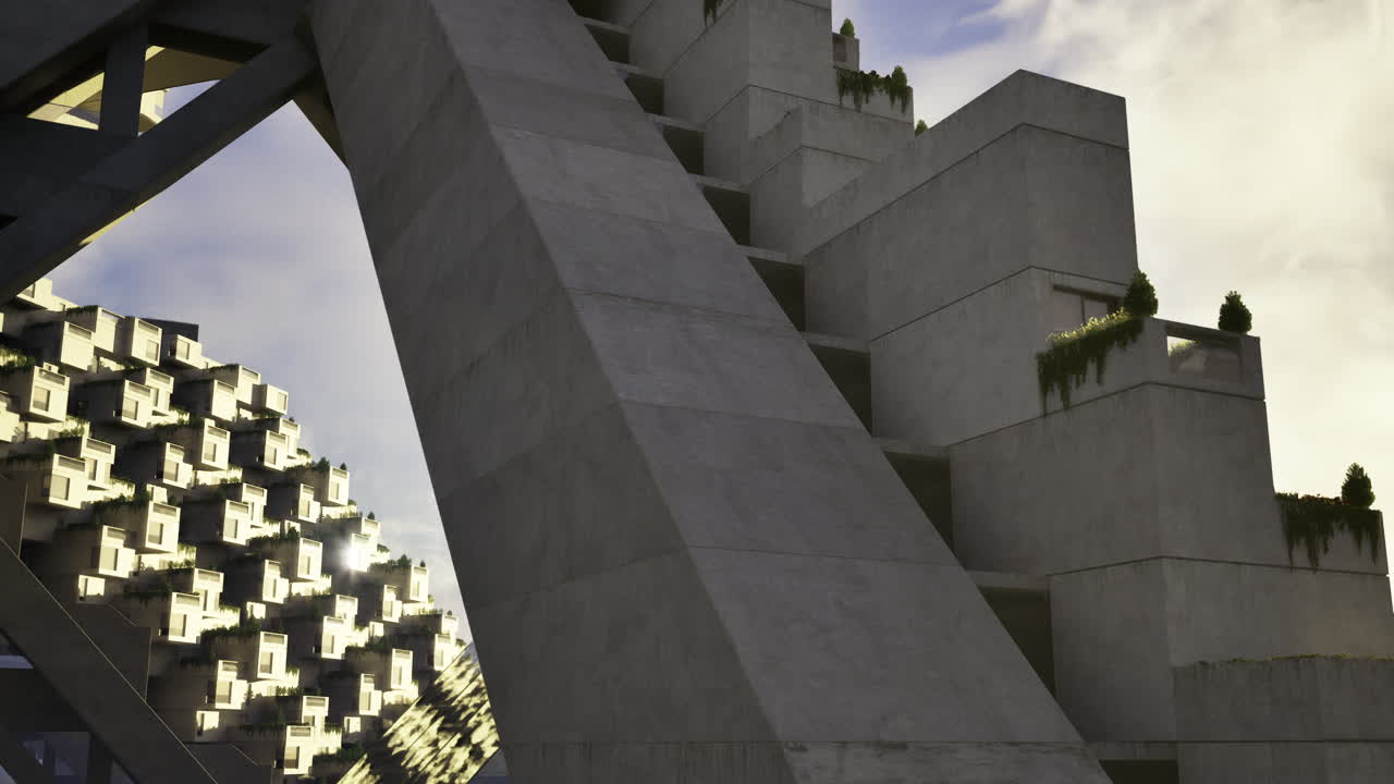 Modern architectural design showcases innovative concrete structures at sunset