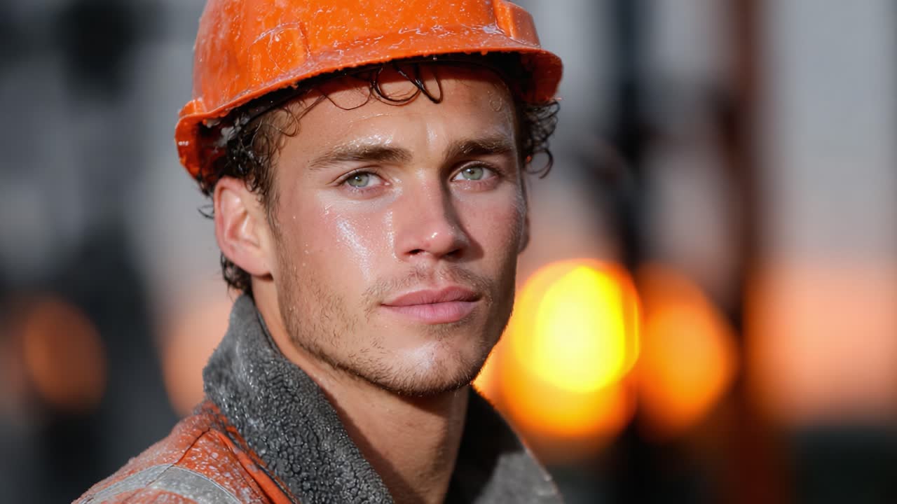 A Young Construction Worker in an Orange Hard Hat Stands Resiliently Against a Blurry Sunset, Capturing the Grit and Determination of Modern Laborers