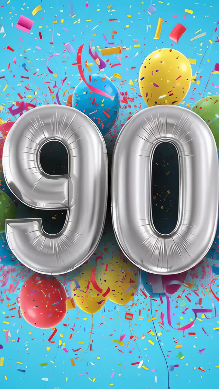 Vertical video: Shifting camera showing silver 90 balloons drifting in blue party set, confetti