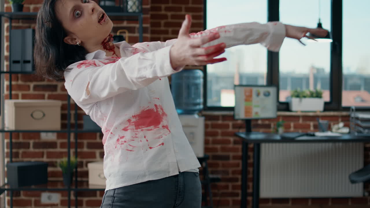 Scared businessman calling emergency while running from scary bloody zombies