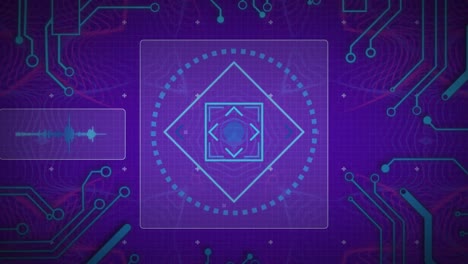 animación de formas geométricas y patrones de placas de circuitos electrónicos sobre dibujo de simetría