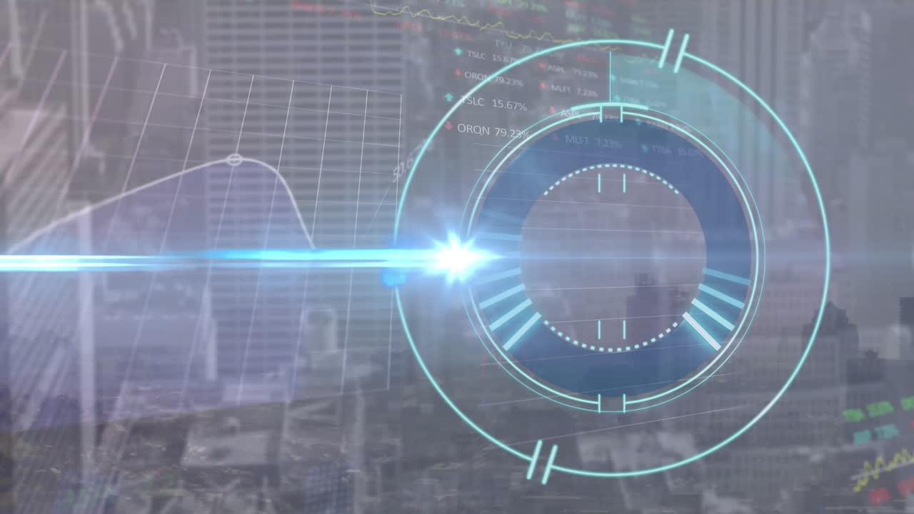animación de escáner redondo y procesamiento de datos del mercado de valores sobre vista aérea del paisaje urbano