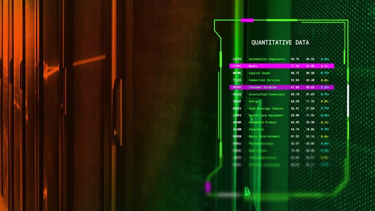 Animation of interface processing quantitative data over glowing networks and dark servers