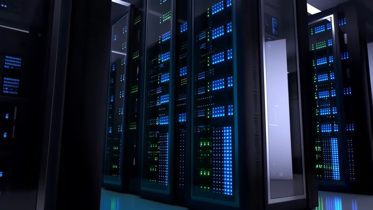 Rows of Servers in a Data Center with Blinking Lights