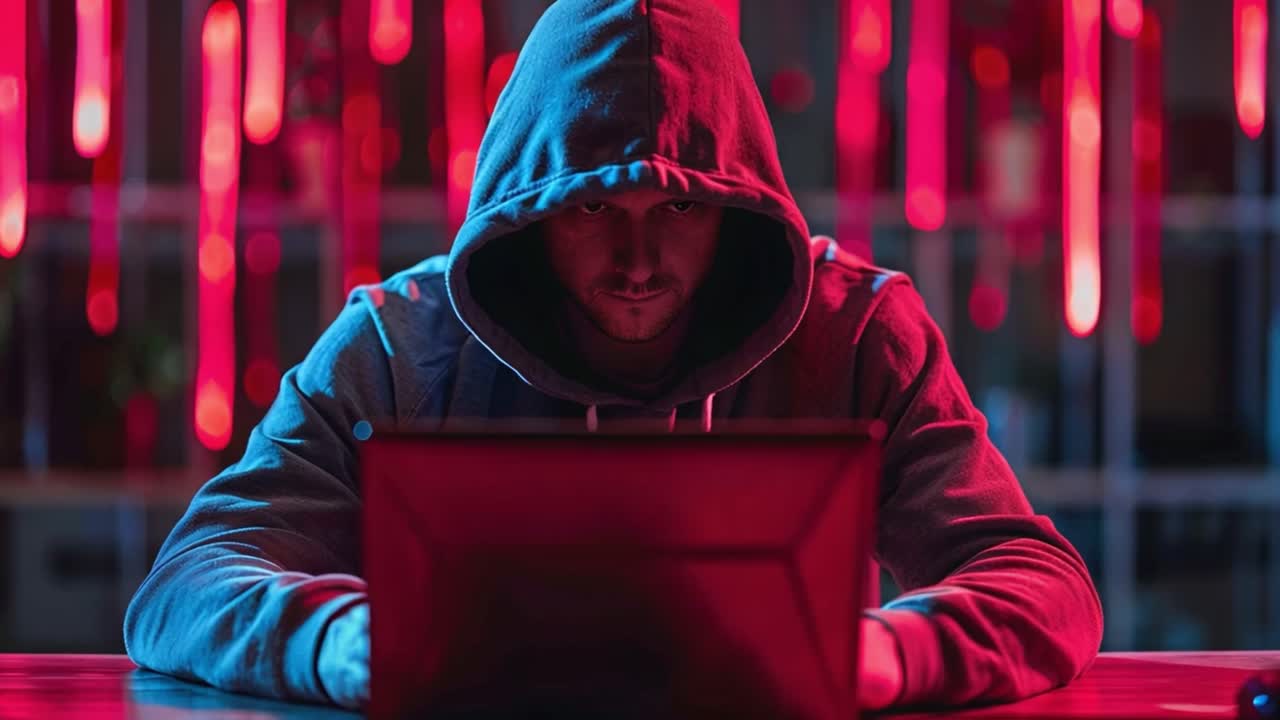 Hacker working on a laptop in a dark, neon-lit room