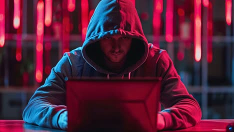hacker working on a laptop in a dark, neon-lit room