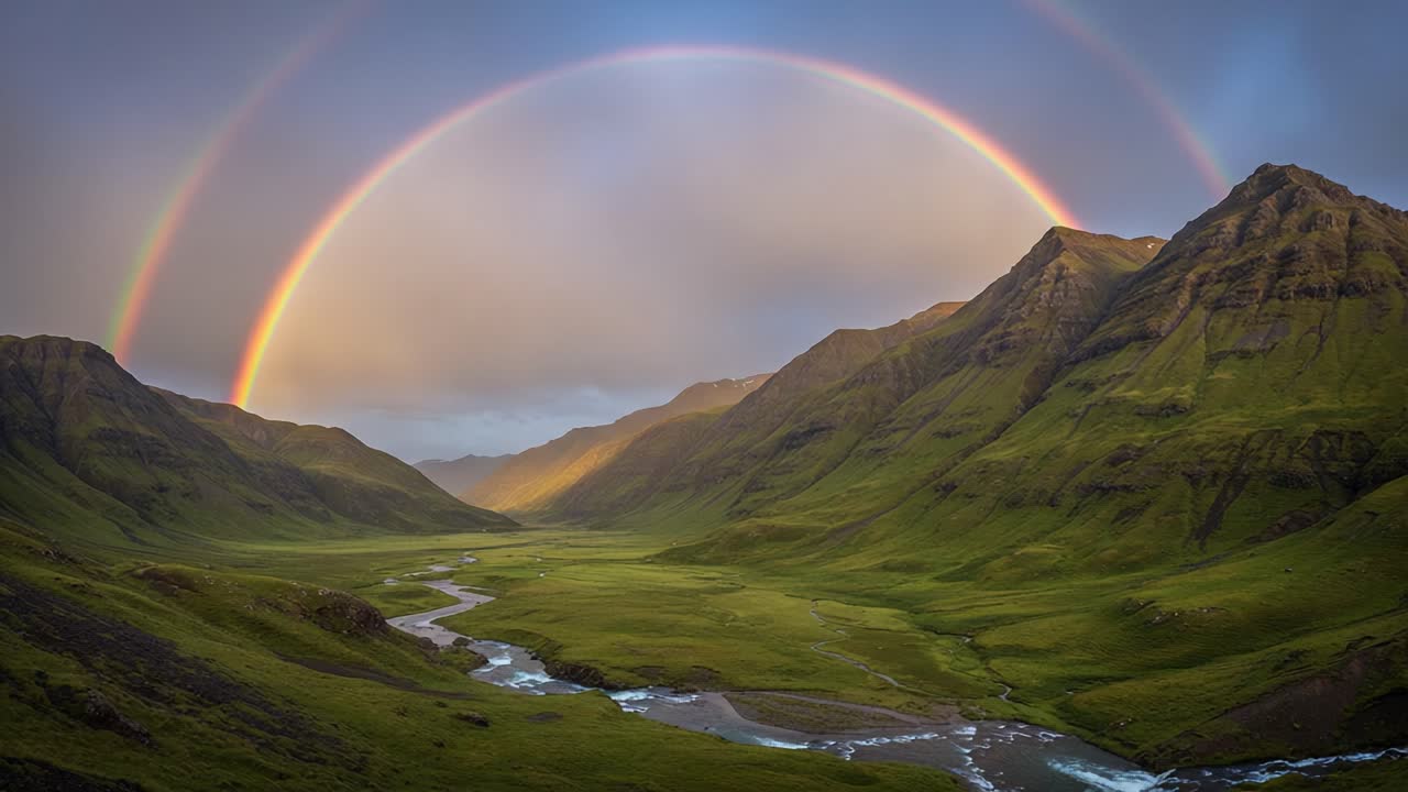 A breathtaking landscape captures a double rainbow arcing majestically over lush green mountains and a winding river, bathed in the soft glow of twilight's light
