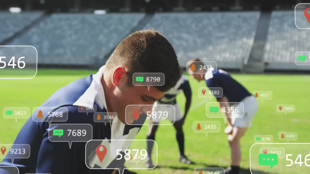 Rugby players on field with animation of social media notifications and location icons