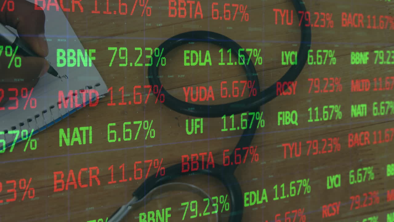 Stock market ticker animation over wooden desk with electronic components