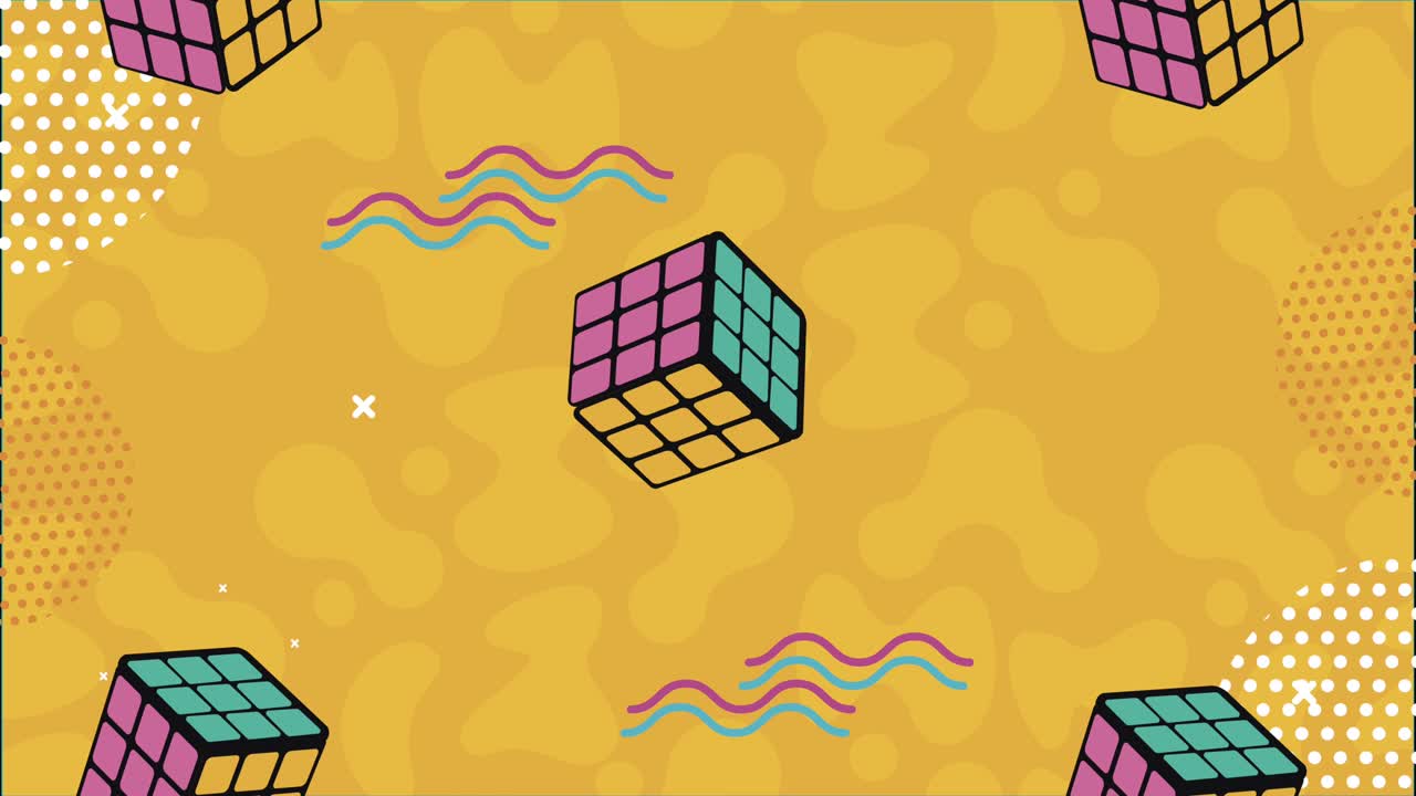 rubik cubes in memphis retro style background
