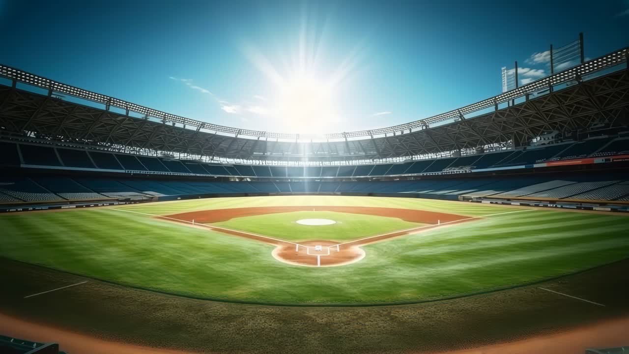 Vista grandangolare di uno stadio di baseball vuoto sotto un sole splendente, che cattura la serena atmosfera