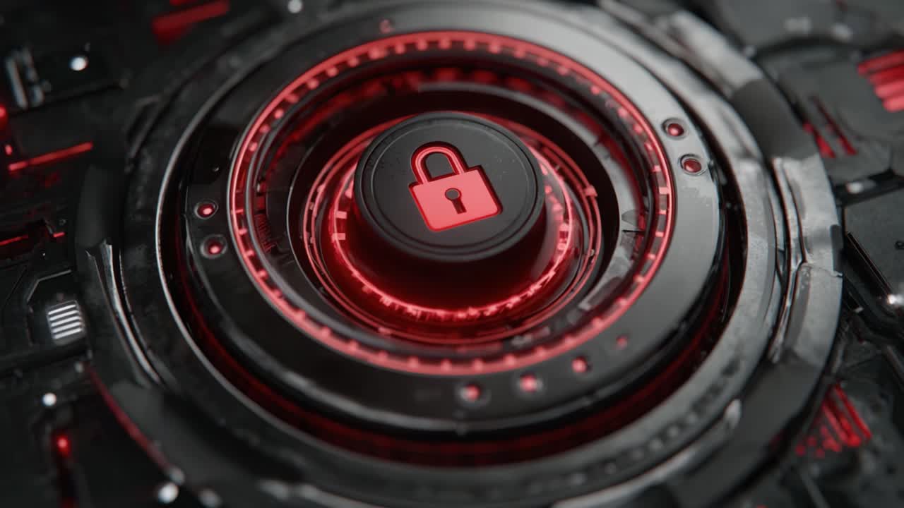 High-Tech Security Interface Displaying a Red Lock Icon, Indicating Protection and Privacy in a Futuristic Digital Environment