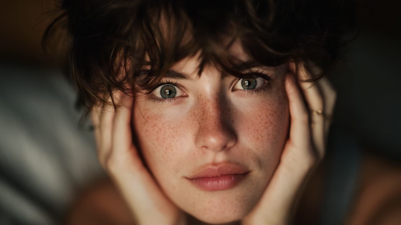 Close-Up Portrait of a Young Woman with Freckles and Expressive Eyes, Capturing Emotional Depth and Intensity in Soft Natural Lighting