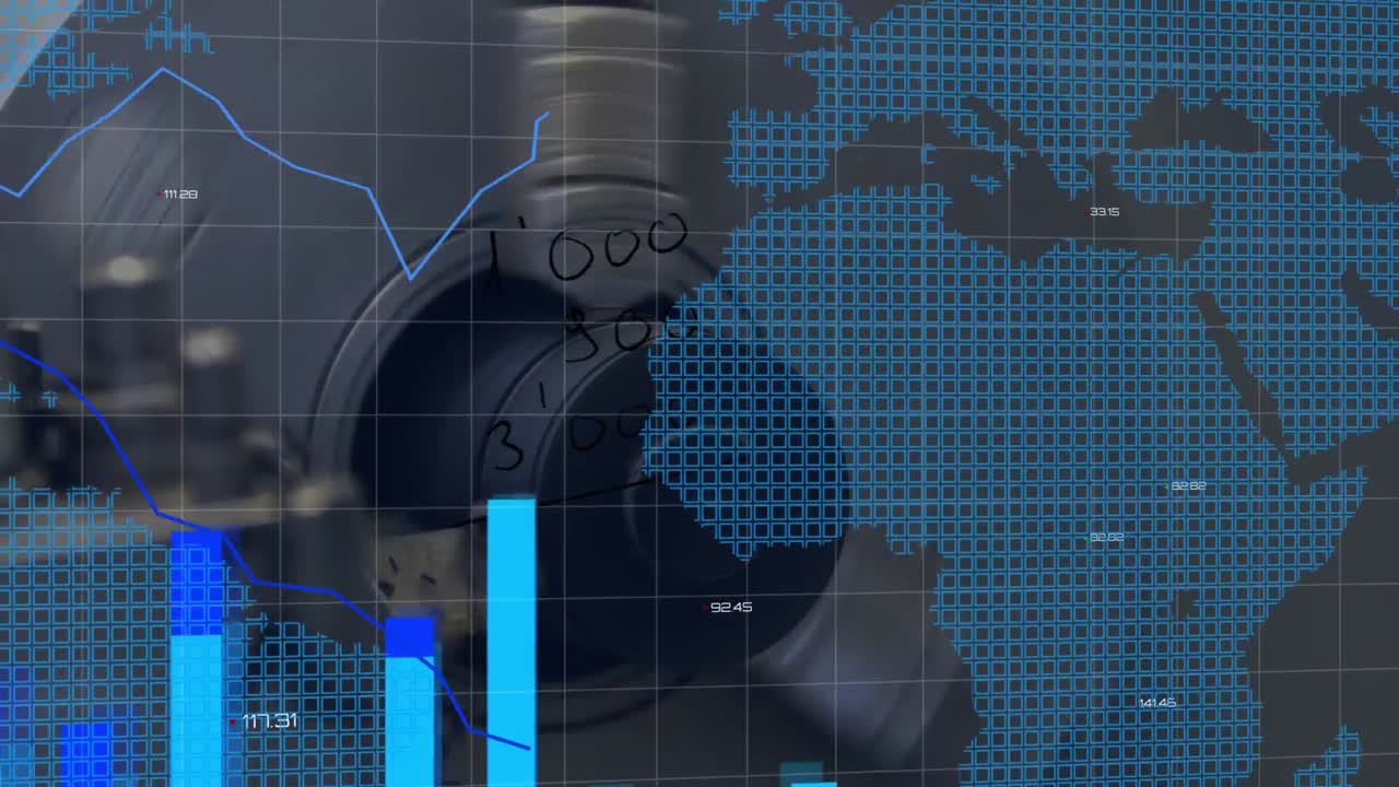 회전하는 원 위에 금융 데이터 처리 및 세계 지도의 애니메이션