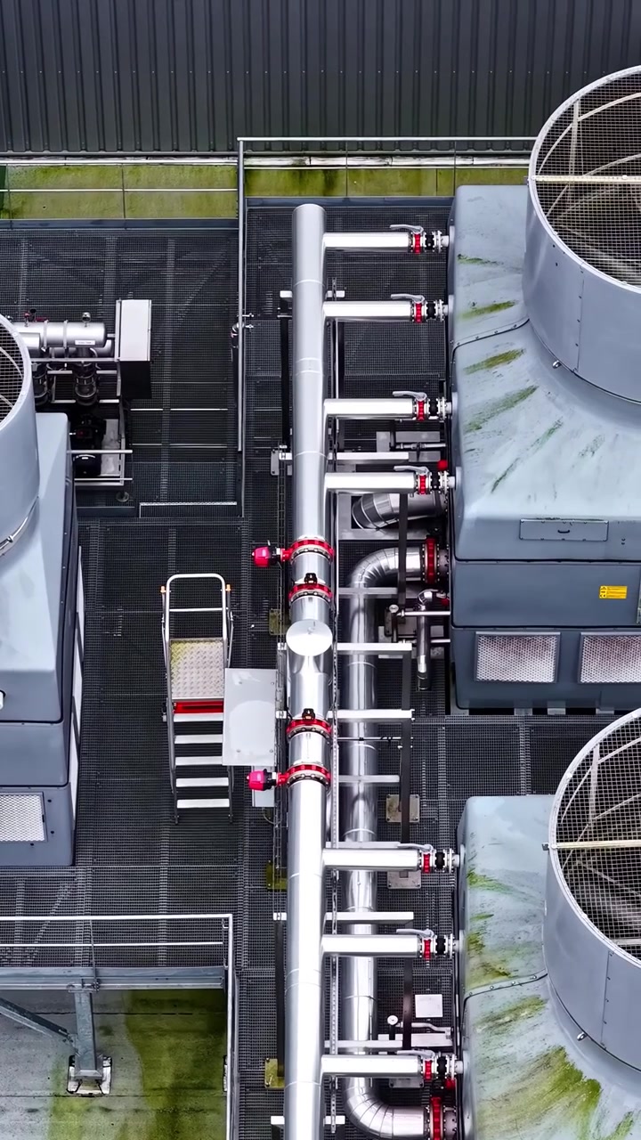 Close-up of industrial cooling towers and metallic pipes on a rooftop. Ideal for engineering presentations or industrial documentaries.