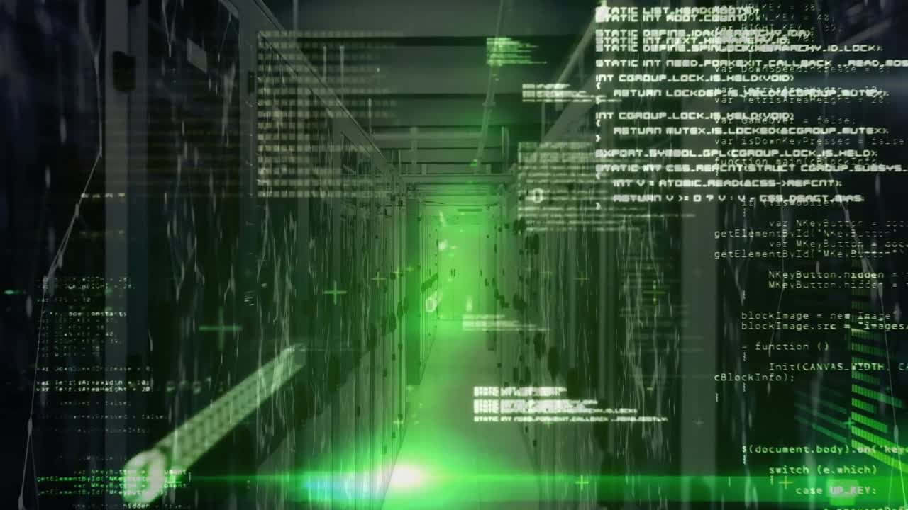 animación del procesamiento de datos y luces verdes sobre los servidores