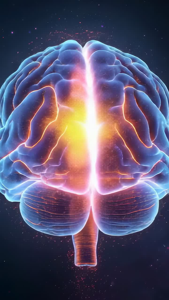 Vertical video: Opening 3D brain rotating in space, simulating neural firing on translucent cortex