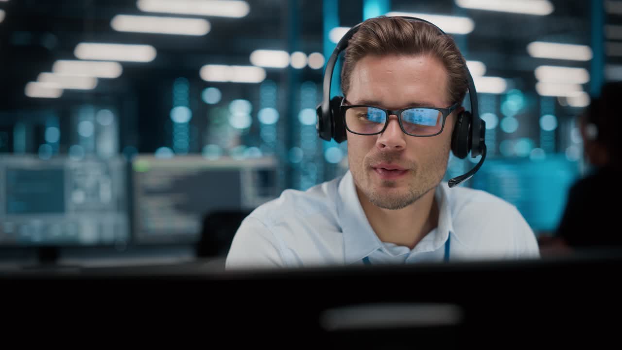 oficina del centro de llamadas: retrato de un amigable hombre caucásico especialista en soporte técnico al cliente hablando con auriculares, usa computadora. el oficial de experiencia del cliente ayuda en línea a través de videoconferencia