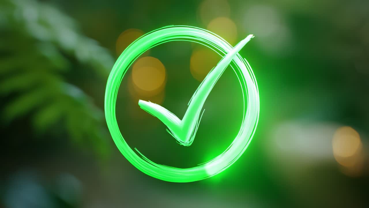 A Vibrant Green Checkmark Icon Surrounded by a Softly Blurred Natural Background Signifying Approval, Success, and Positivity in a Modern Digital Aesthetic