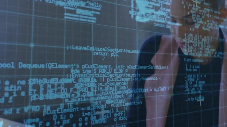 Animation of data processing over biracial businesswoman using digital tablet at office