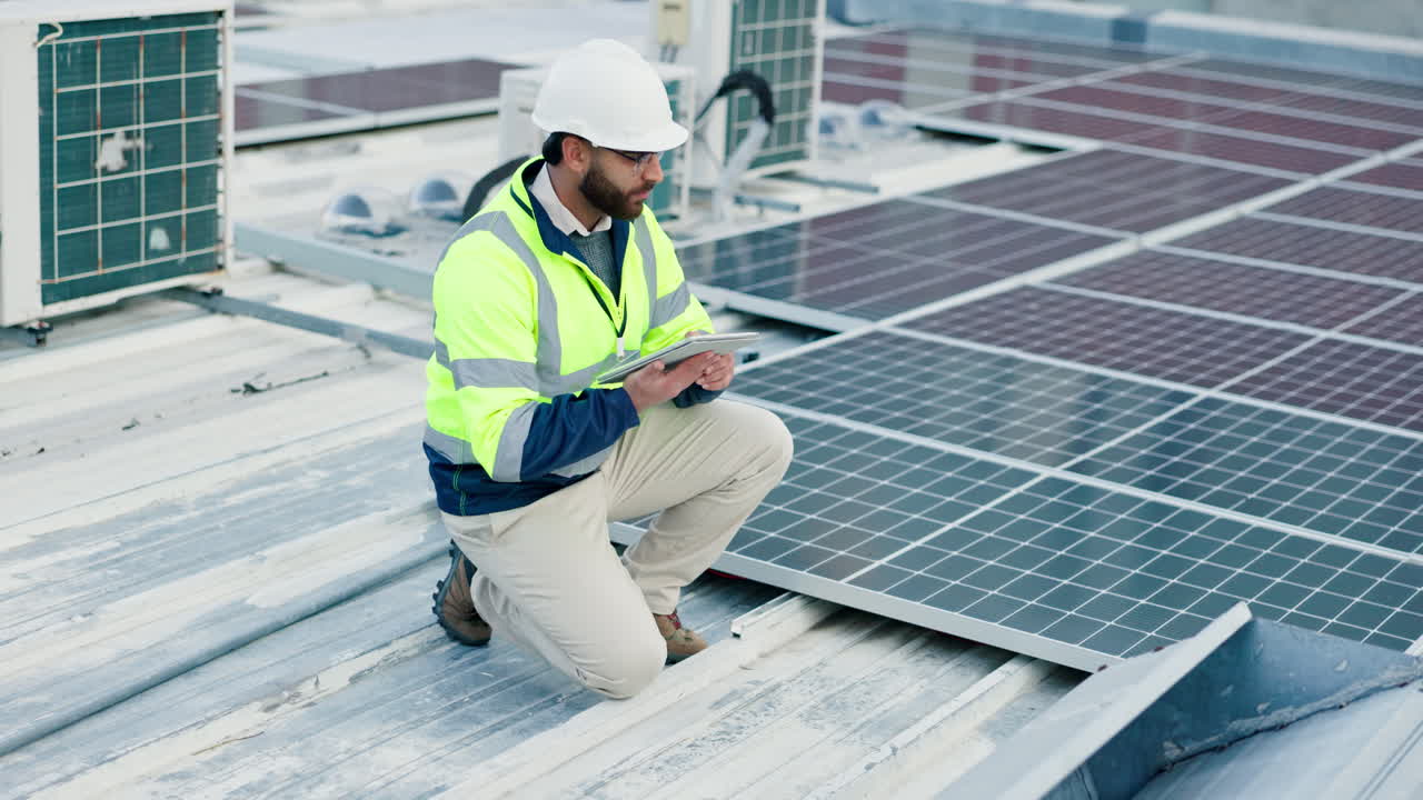 Solar Panel Technician Inspecting Rooftop Solar Panels