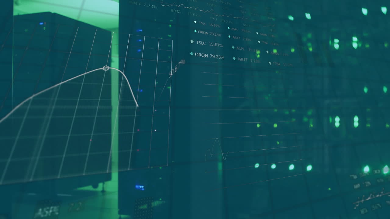 Animation of financial data processing over server room