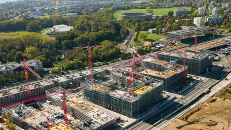 Tower Cranes At The Construction Site Next To the University Of Lausanne, In Chavannes-Pres-Renens, Vaud, Switzerland