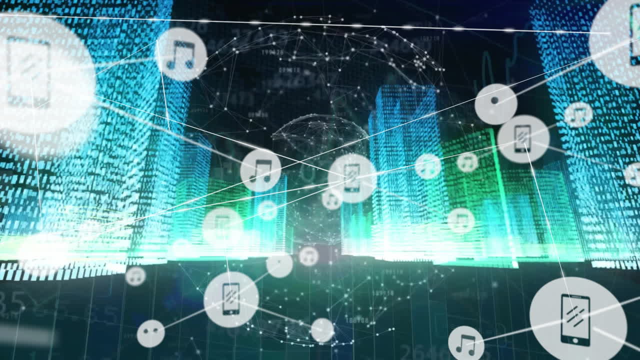 반이는 블록과 글로브 위에 아이콘으로 연결된 네트워크의 애니메이션