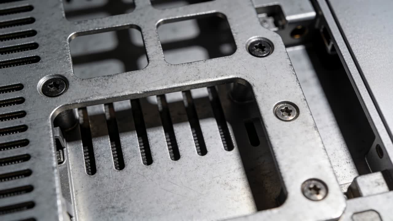 Handkamera wechselt die Ansicht und enthüllt eine Metallhalterung, Lüftungsschlitze, Schrauben und einen vertieften Einschub für Hardware