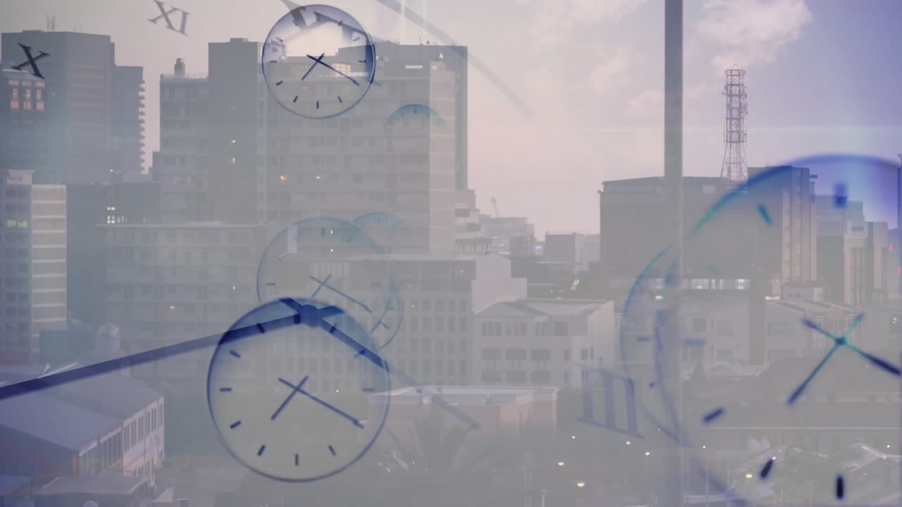 Initial haze lifting, faint analog clocks appearing and drifting left while showing time passing