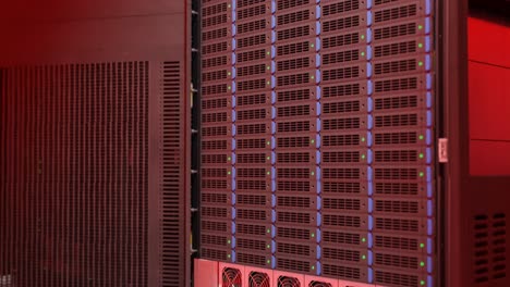 riser shot of computer servers in warehouse - blinking red lights error