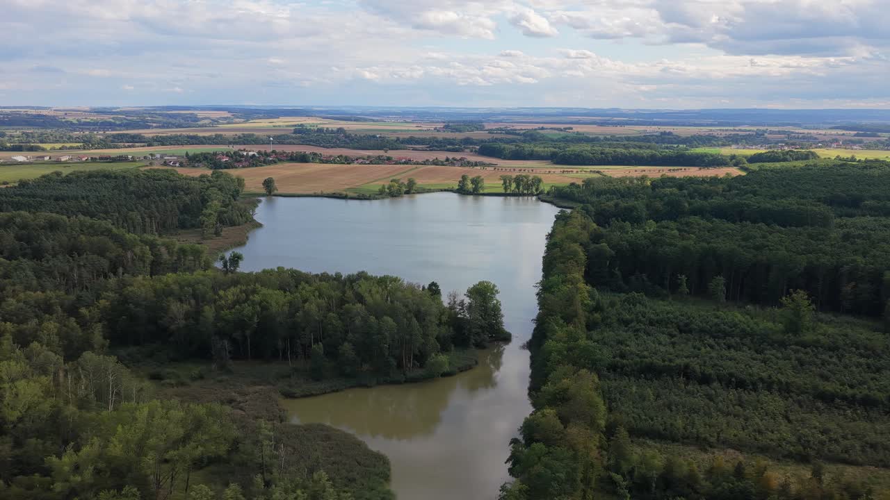 Vista aerea di un lago sereno circondato da foreste e campi