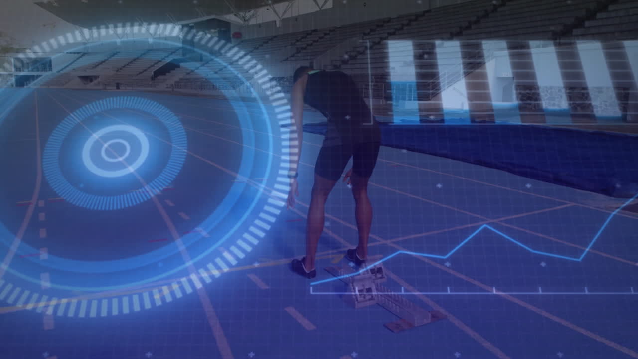Male athlete standing on track blocks, showing sports-tech HUD rings and glowing data graph