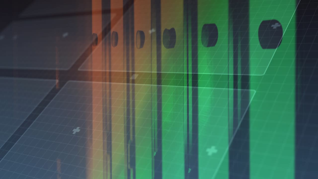 On load panels shifting while HUD rings glowing and sweeping, speckles drifting to indicate status