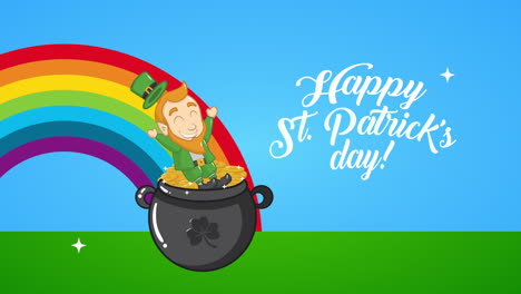 st patricks day animated card with elf and coins in rainbow