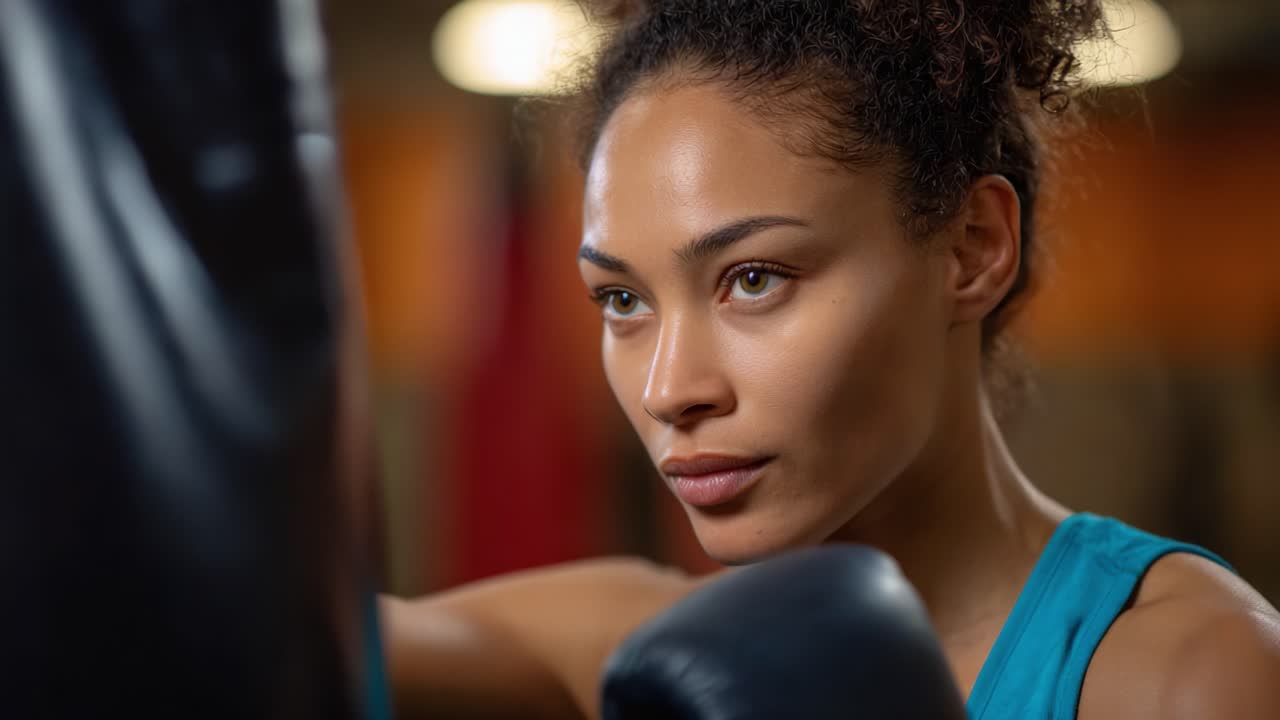 Focused Boxer Preparing for Challenge in Dynamic Training Setting with Intense Determination and Precision in Every Move and Expression