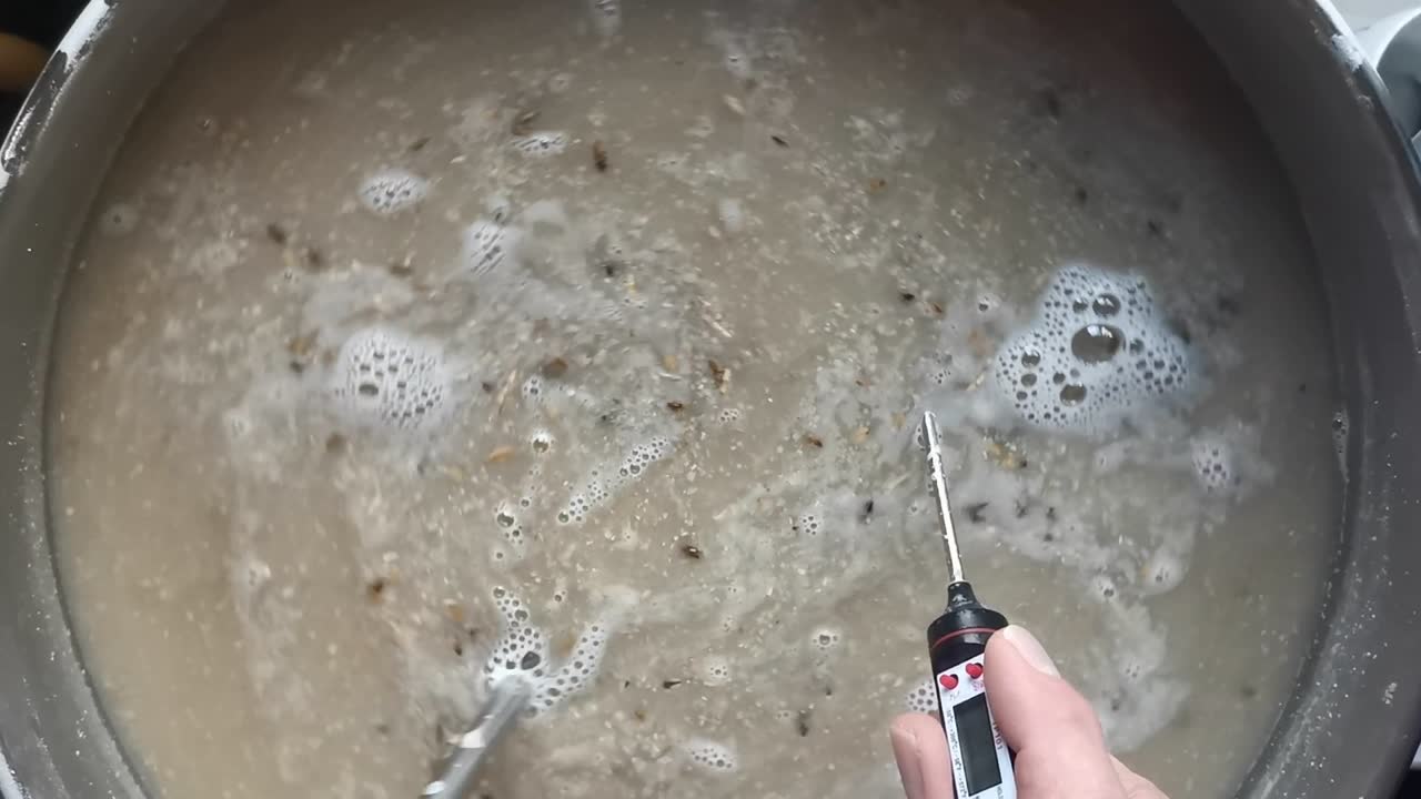 집에서 양조한 필스너 매쉬의 상위 뷰 슬로우 모션이 저어지고 정확한 온도가 측정됩니다.