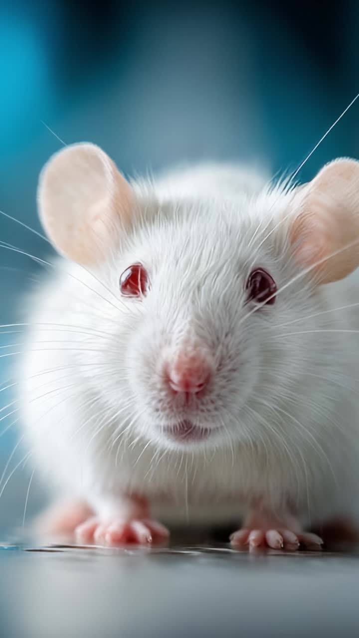 Adorabile topolino bianco con caratteristici occhi rossi catturato in primo piano, che mostra la sua morbida pelliccia e l'espressione curiosa su uno sfondo sfocato