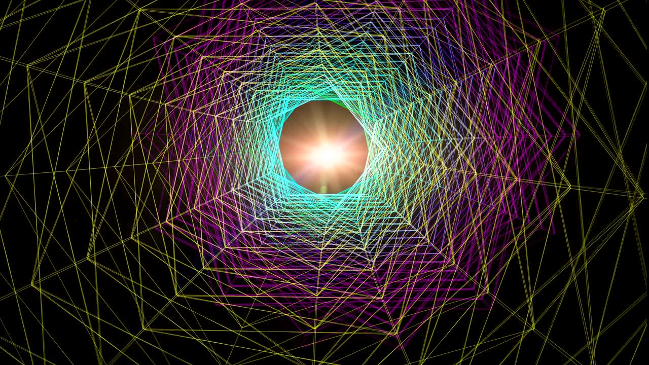 colorido túnel gráfico de marco de alambre moviéndose hacia adelante a la animación de llamaradas solares.