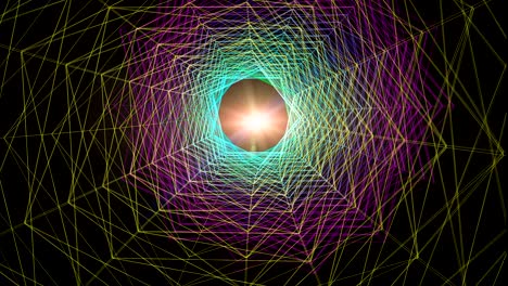 colorido túnel gráfico de marco de alambre moviéndose hacia adelante a la animación de llamaradas solares.