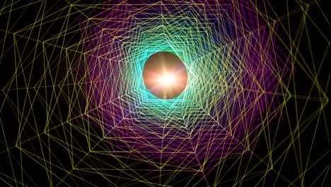 colorful graphic wireframe tunnel moving forward to sun flare animation.