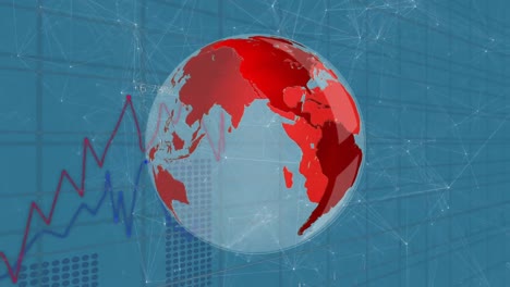 animation of spinning globe, network of connections, statistical data processing over tall building