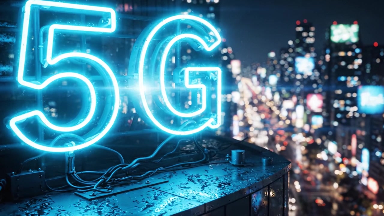Una vivace scena notturna con una sorprendente insegna al neon 5G su uno sfondo di vivace paesaggio urbano e grattacieli illuminati in un ambiente urbano.