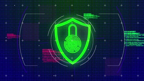 animation of scope scanning and data processing with biometric fingerprint security check on blue ba