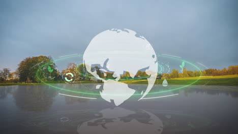 four seasons timelapse of a world map with sustainable icons rotating above a lake